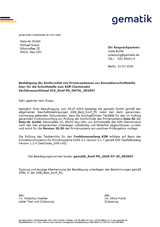 Bestätigung Konformität von Primärsystemen zur Konnektorschnittstelle (KIM Clientmodul)